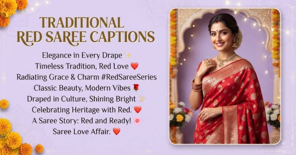 Traditional Red Saree Captions